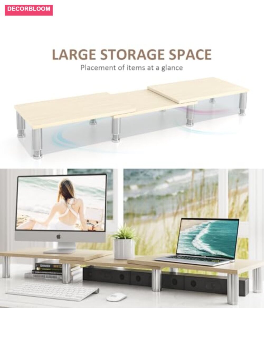 Adjustable Wooden Dual Monitor Riser Stand with Storage, Height & Angle - Picture 2 of 5